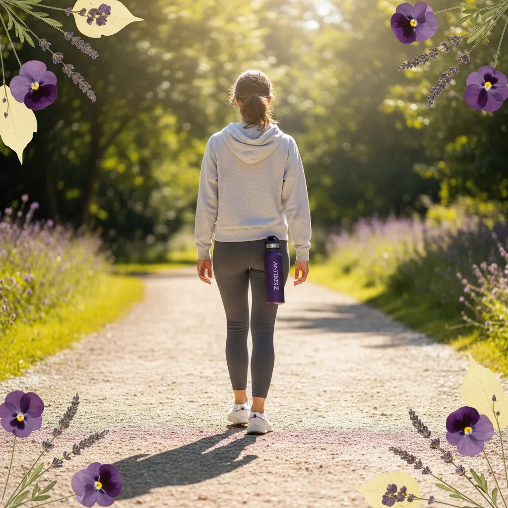 Person from behind walking on a sunlit park path, an active lifestyle moment